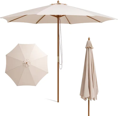Vista 10 de HAPPYGRILL Sombrilla de patio de 9 pies, sombrilla de mercado para mesa al aire libre con 8 varillas de bambú resistentes, poste de madera, toldo