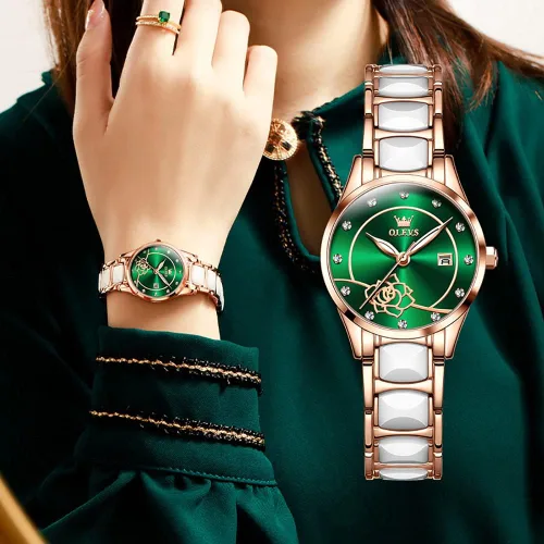 Vista 7 de OLEVS Relojes para mujer, oro rosa, de dos tonos, de moda, de cerámica, blanco, esfera rosa, roja, acero inoxidable, fecha impermeable
