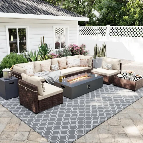Vista 17 de UPHA Juego de muebles de mimbre para patio de 5 piezas con mesa auxiliar Cojín de ratán marrón y beige