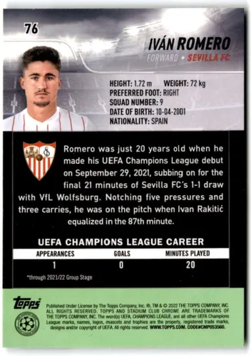 Vista 2 de Topps Stadium Club Chrome UEFA Champions League #76 Ivan Romero RC 2021