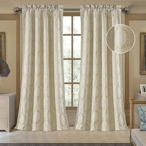Vista 24 de Loom and Mill - Cortinas de lujo de jacquard para dormitorio, cortinas de damasco beige de 2 paneles con alzapaños, elegante cortina de ventana