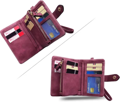 Vista 5 de PofeeXIO Billeteras pequeñas de cuero plegable para mujer, con ranuras para tarjetas, con cremallera y cremallera