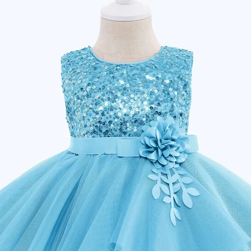 Vista 4 de Vestidos de niña de flores sin mangas de lentejuelas hinchado vestido de tul de la boda de la dama de honor del concurso bautismo cumpleaños vestido