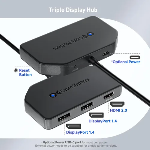 Vista 2 de Cable Matters Hub DisplayPort 1.4 MST, 2 DisplayPort y 1 HDMI 1 x HDMI 2.0 + 2 x DP 1.4, DP Splitter Hub, para Windows, no compatible con macOS