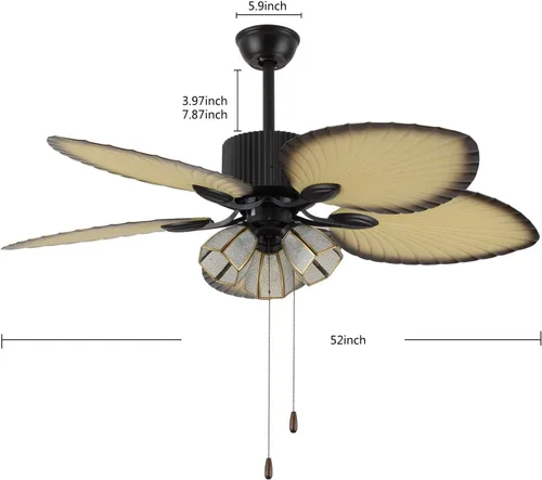 Vista 2 de Ventiladores de techo tropicales con luz de 52 pulgadas, hoja de palmera, aspas de madera, lámpara de araña con control remoto y cadena de tracción