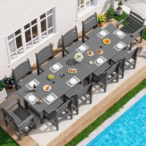 Vista 32 de SERWALL Juego de mesa de comedor de 7 piezas, muebles de comedor de polietileno de alta densidad para exteriores con agujero para paraguas y 6 Negro