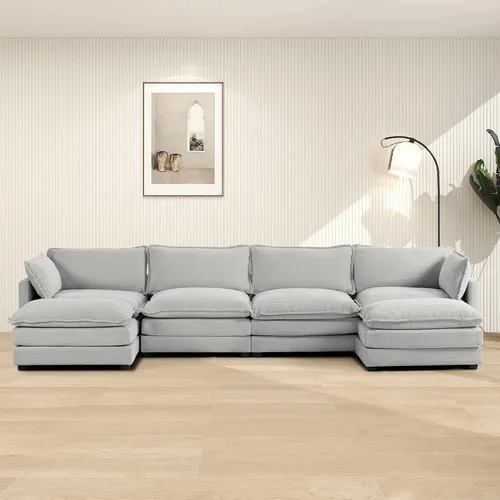 Vista 31 de ROWHY Sillón individual con otomano, sofá moderno de corduroy en forma de nube con chaise convertible, sofá tapizado para sala de estar, beige