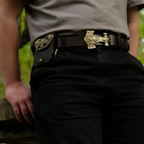 Vista 5 de Leather belt with Thor Hammer buckle, Scandinavian Old Norse Viking Mjolnir solid brass belt buckle on 1.5" or 1.8" leather strap