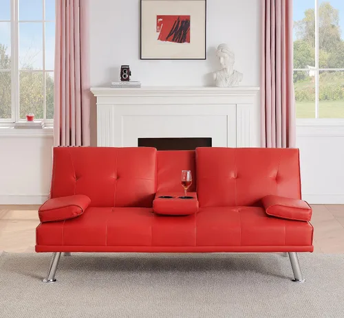 Vista 3 de Anwick Sofá futón de cuero moderno, sofá cama plegable convertible, sofá biplaza reclinable para espacios pequeños, apartamento, oficina
