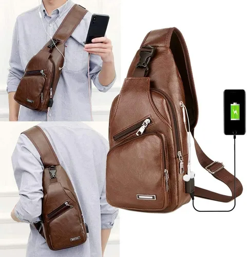Vista 8 de ULemeili - Mochila bandolera de cuero con puerto de carga USB, para hombres y mujeres, bolsa cruzada de hombro para ciclismo, senderismo, ciclismo