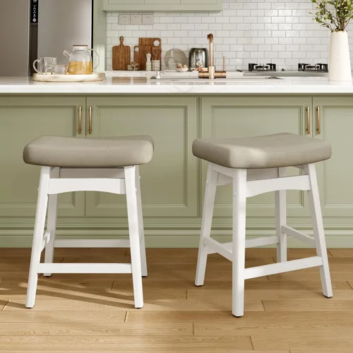 Vista 19 de MAISON ARTS Juego de 4 taburetes de bar grises para encimera de cocina, patas de madera maciza con asiento de silla de montar de piel sintética