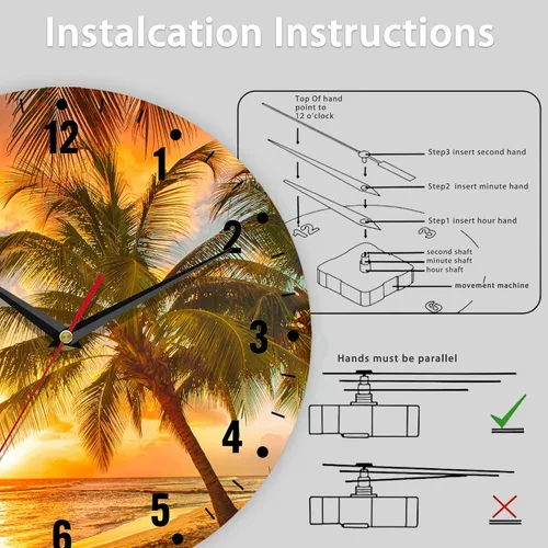 Vista 5 de SPUNKER Relojes de pared, reloj de pared de 10 pulgadas, diseño de palmeras y atardecer, funciona con pilas, pequeños relojes de pared decorativos