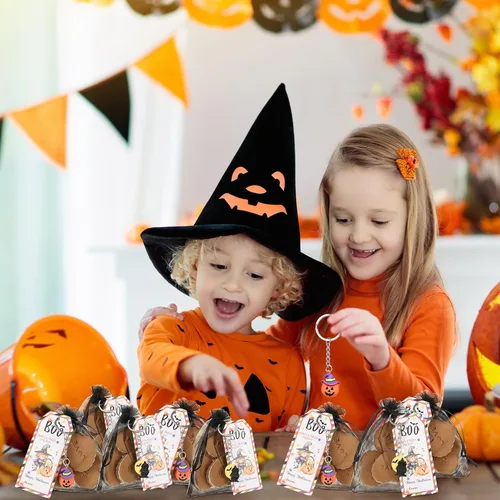 Vista 5 de Huquary 72 piezas de regalos de Halloween, juego de 24 regalos de Halloween para estudiantes, 24 llaveros de Halloween, llavero de calabaza