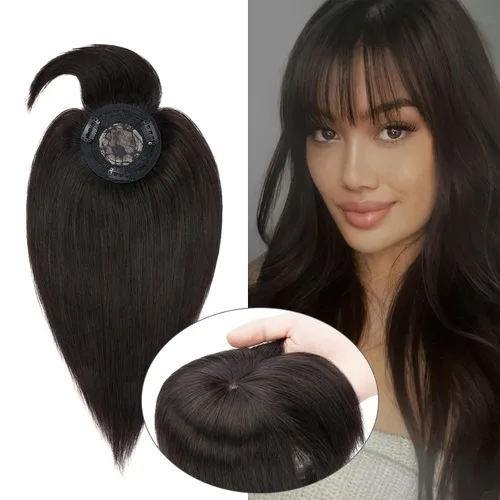 Vista 10 de MY-LADY Top Hairpieces para mujer con flequillo, base mono natural, 100% cabello humano real, clip en pieza de cabello lacio en medio para pérdida