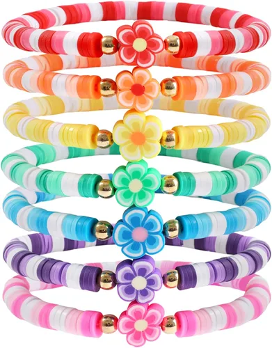 Vista 9 de Juego de pulseras heishi arcoíris estilo surfista para mujer, juego de pulseras apilables de cuentas de arcilla, pulseras elásticas con disco