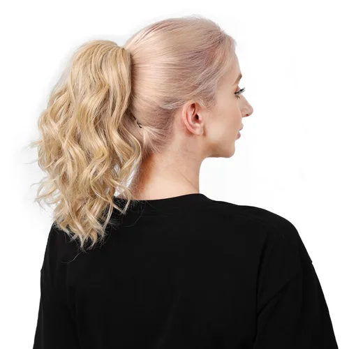 Vista 7 de Cola de caballo rizada, cola de caballo de ondas sintéticas para mujer, extensiones de cabello corto y grueso con clip en cola de caballo ondulada