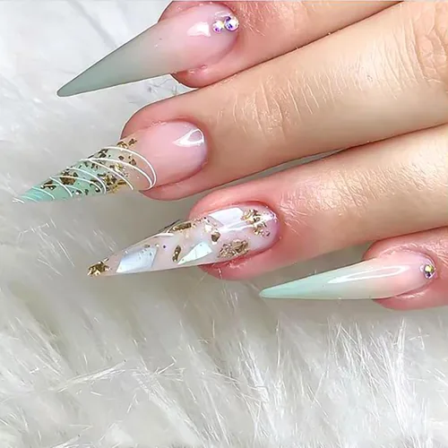 Vista 10 de Uñas postizas largas a presión con forma de almendra, uñas postizas acrílicas de color sólido con diseño de espejo de lujo, uñas artificiales