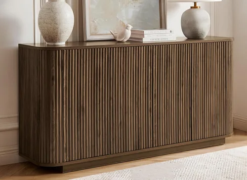 Vista 12 de LKTART Aparador de 64 pulgadas con almacenamiento, armario de almacenamiento de madera acanalada, aparador Credenza con estantes ajustables, resorte