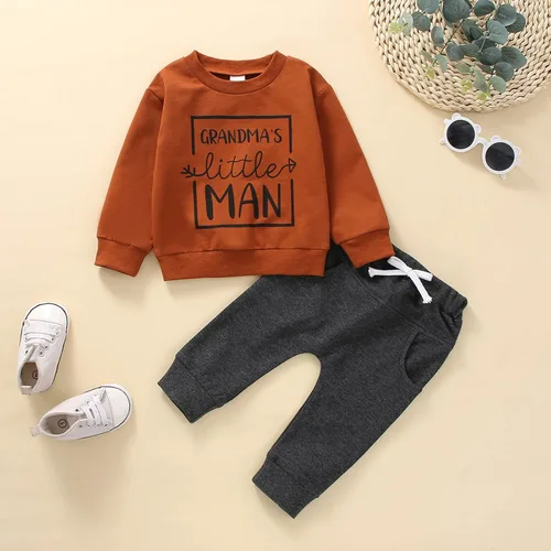 Vista 7 de Conjunto de sudadera de manga larga con letras para niños y niños pequeños para recién nacidos y bebés blusa de manga larga pantalones lisos