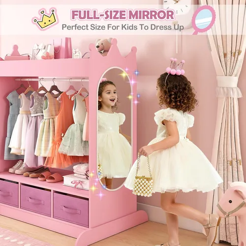 Vista 3 de COSVALVE Almacenamiento de Disfraces para Niños con Espejo y Cajones, Cómoda Armario para Niños, Armario de Almacenamiento de Disfraces para Niños