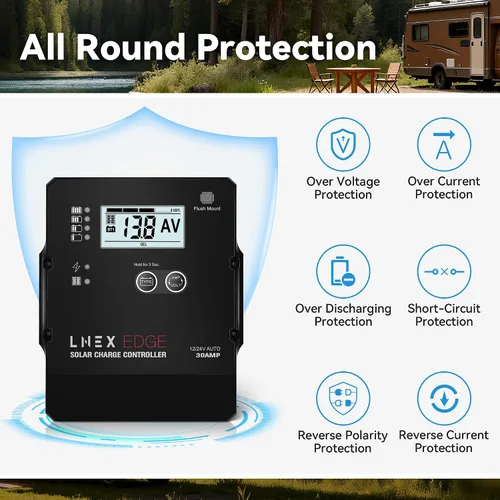 Vista 6 de LNEX Controlador de carga solar con diseño de montaje empotrado, carga de 6 etapas con pantalla LCD 12V/24V controlador PWM automático 30A