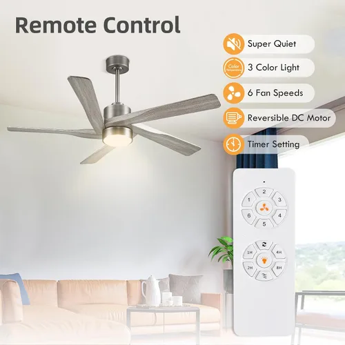 Vista 2 de WINGBO Ventilador de techo ABS DC de 54 pulgadas con luces, ventilador de techo de grano de madera ABS de 5 aspas con control remoto, motor CC