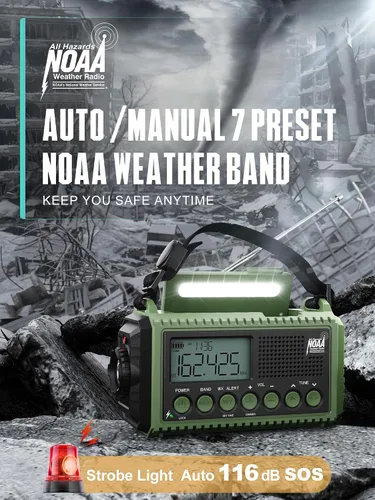 Vista 2 de Radio de emergencia de 12000 mAh - Alerta meteorológica AUTO NOAA, manivela solar AM/FM/SW/NOAA, linterna, cargador de teléfono, sirena SOS, kit