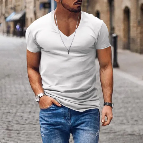 Vista 2 de Muscle - Camiseta de manga corta con cuello en V para hombre, casual, para gimnasio, atletismo, camiseta de moda, para entrenamiento, culturismo