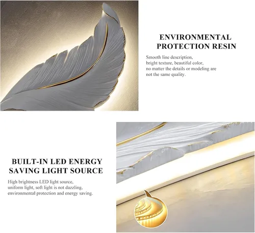 Vista 6 de DJAMEL : Aplique de pared creativo, luz de pared decorativa de plumas de resina blanca, lámpara LED para interiores, sala de estar, dormitorio