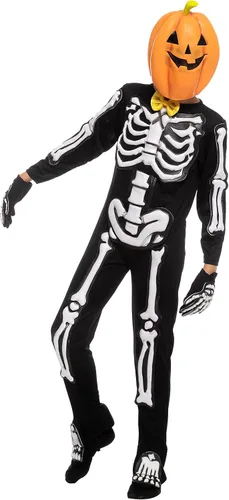 Vista 3 de Spooktacular Creations Disfraz de esqueleto aterrador de cabeza de calabaza para niños disfraz de esqueleto y máscara de calabaza para niños
