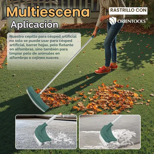 Vista 5 de ORIENTOOLS Rastrillo de césped artificial, rastrillo de césped curvado con mango de acero ajustable de 4 secciones de 30 a 53 pulgadas, cepillo