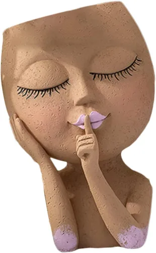 Vista 4 de Macetero de cabeza, macetas con agujero de drenaje, macetas únicas con ojos cerrados, macetas de cabeza de resina para plantas