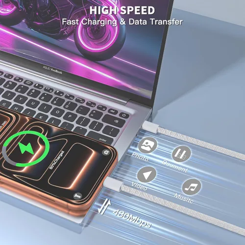 Vista 4 de Cargador súper rápido USB C de 45 W, paquete de 2 bloques de carga dual USB C para iPhone con cable trenzado tipo C a C de 3.3 pies de carga rápida