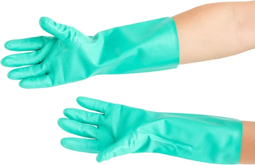 Vista 13 de Restaurantware Guantes de limpieza verdes, 10 pares de guantes de nitrilo de 15 mil de grosor, pequeños y resistentes con puño largo, forro