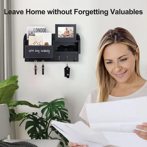 Vista 3 de Lwenki Soporte para llaves y correos – Colgador de pared para llaves con estante y 7 ganchos de metal – Organizador decorativo de entrada de madera
