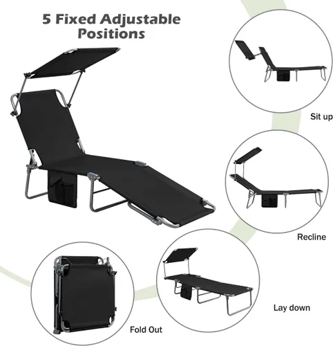 Vista 4 de Giantex Silla bronceadora, tumbona de patio con 5 posiciones ajustables, toldo de sombra, bolsillo de almacenamiento, cuna de campamento, sillón