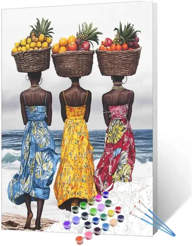 Vista 38 de Pintura de niña afro a la moda, kits de pintura por números, 16 x 20 pulgadas, lienzo de hojas tropicales, pintura al óleo para niños y adultos