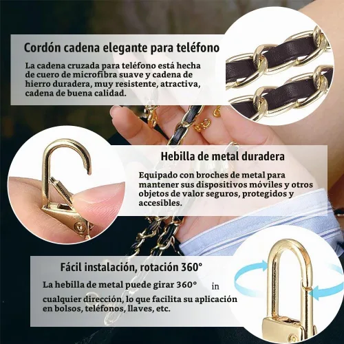 Vista 2 de Cadena cruzada para teléfono Cordón para teléfono celular, Correa universal de cuero + metal para el hombro con parches de sujeción para teléfono (A)