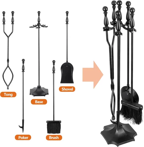 Vista 3 de Nouva Juego de 5 herramientas para chimenea - Mango negro de hierro forjado Accesorios Accesorios Herramientas - Pinzas de póquer de soporte