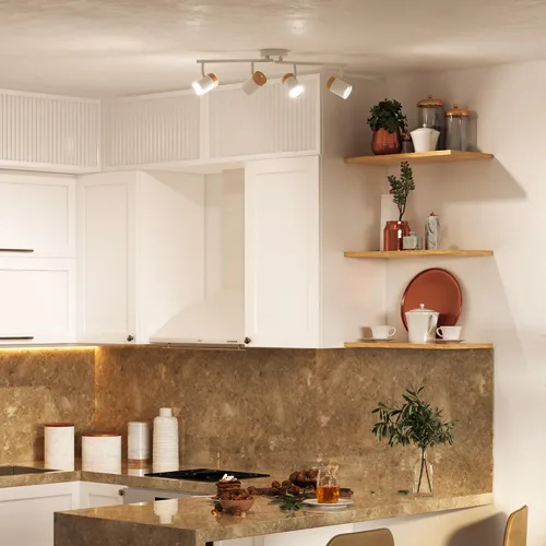 Vista 4 de GLOBE Electric 64000165 28" Iluminación de riel plegable de 4 luces, blanco mate, detalle de acento de tono madera pintado a mano, cabezales de riel