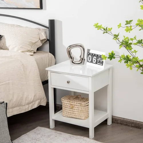 Vista 2 de COSTWAY 2PCS Mesita de noche con cajón Estante de almacenamiento de madera Mesita de noche Sofá Mesa auxiliar Blanco