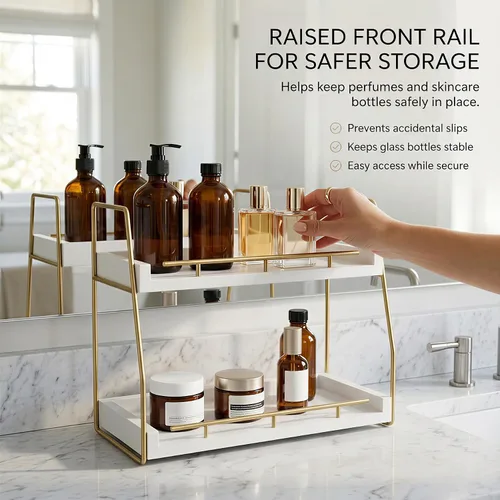 Vista 4 de Mustry Organizador de encimera de baño, organizador de maquillaje de 2 niveles para tocador, estante de madera con marco de metal dorado