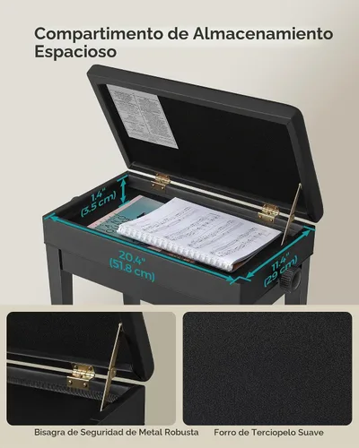 Vista 6 de SONGMICS Taburete ajustable de madera para piano con almacenamiento de partituras negro ULPB57H