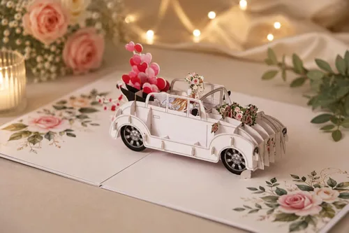Vista 3 de ETA Tarjeta de boda desplegable 3D – Coche "Just Married" con novia y novio Tarjeta de felicitación hecha a mano, boda, compromiso, aniversario W08