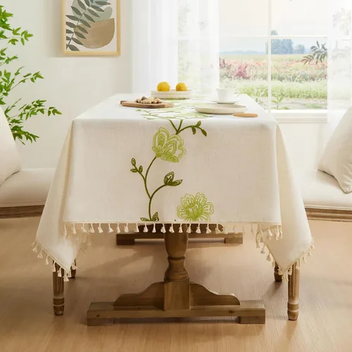 Vista 8 de Softalker Mantel rectangular bohemio de lino y algodón con borlas, mantel resistente con flores, mantel decorativo floral para cocina y comedor