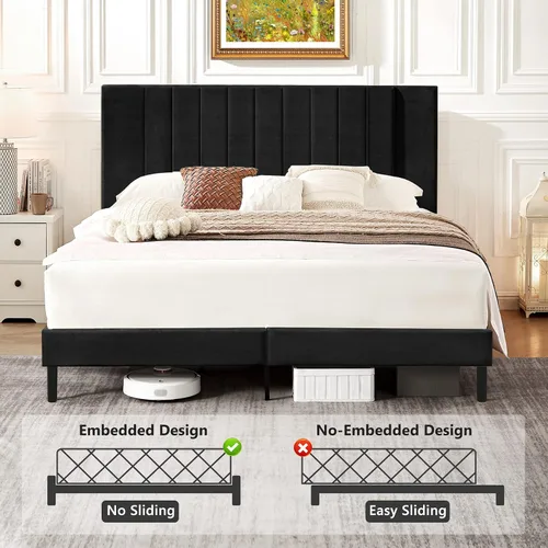 Vista 7 de Flolinda Base de cama de plataforma tamaño Queen con cabecera tapizada de terciopelo y soporte de listones de madera, base de colchón totalmente