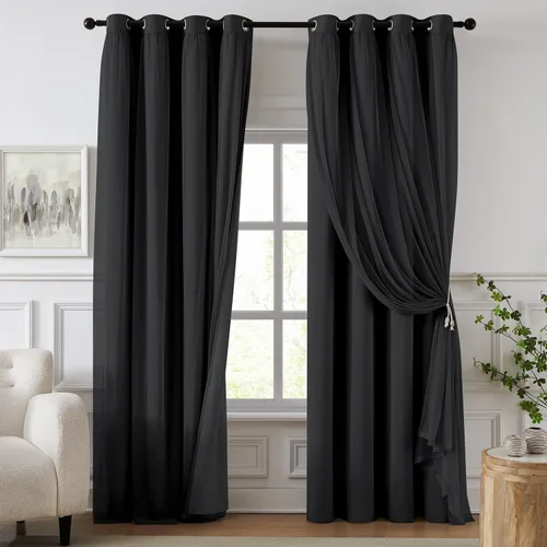 Vista 19 de cortinas 100% opacas para dormitorio, cortinas rosadas de doble capa, cortina oscura de 96 pulgadas de largo con superposición transparente