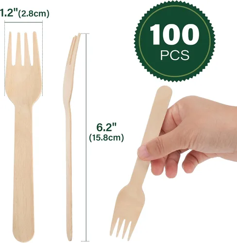 Vista 2 de LotFancy Tenedores desechables, 100 tenedores de madera, 6.2 pulgadas, biodegradables compostables, ideales para camping, picnic, cenas, suministros