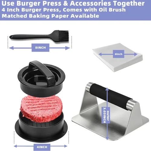 Vista 5 de Smash - Prensa de hamburguesa rectangular de acero inoxidable, molde de hamburguesa rellena, cepillos de salsa, 50 piezas de papel encerado 4 en 1