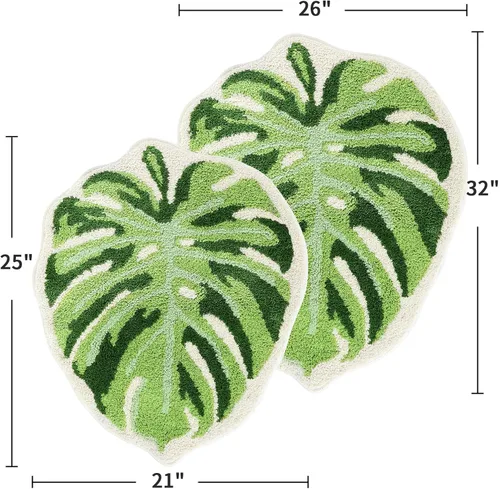 Vista 3 de Litabel Juego de Alfombras de Baño de Hoja Verde de 2 Piezas, Lindas Alfombrillas de Baño Antideslizantes en Forma de Monstera de Felpa, Juego